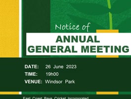 East Coast Bays Cricket AGM will be held on 26 June 2023 at 19h00, at the Windsor Park club rooms.

All members are welcome to attend. 